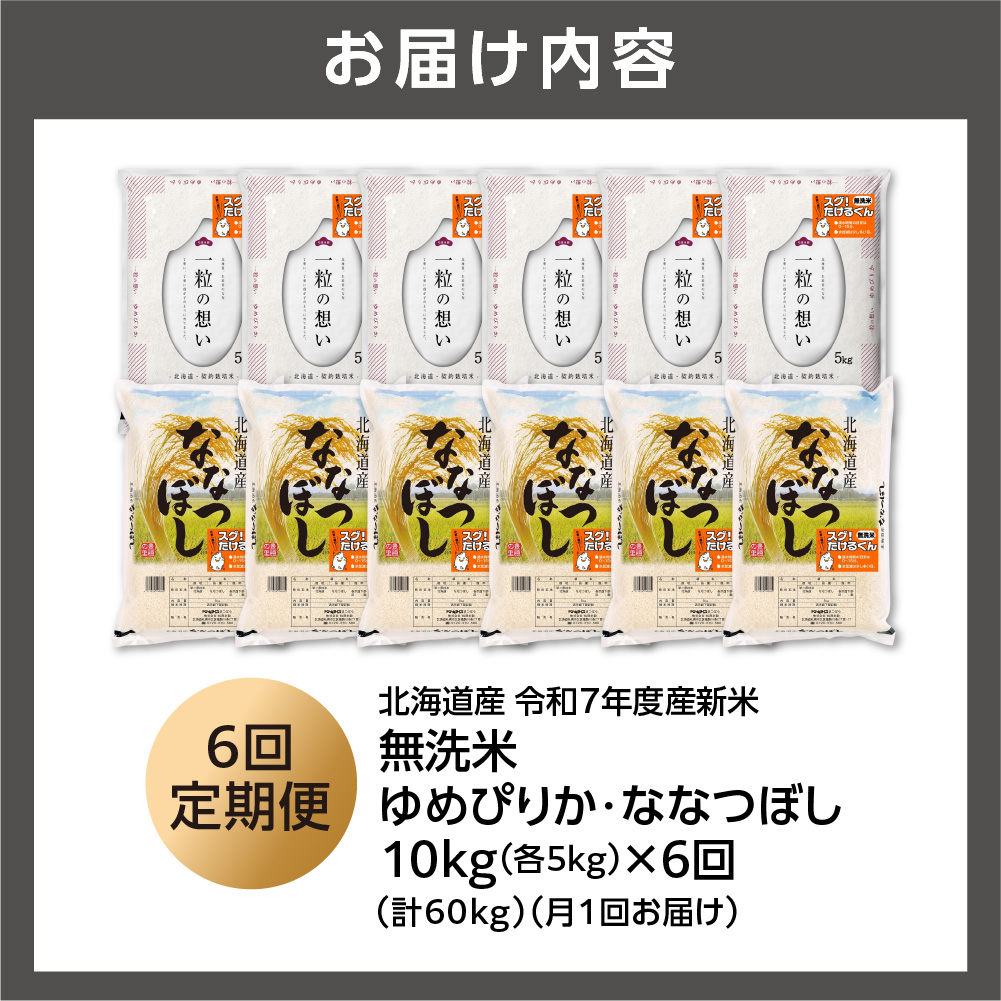【定期便】無洗米ゆめぴりか 5kg＋無洗米ななつぼし 5kg 6回_is077-040-999