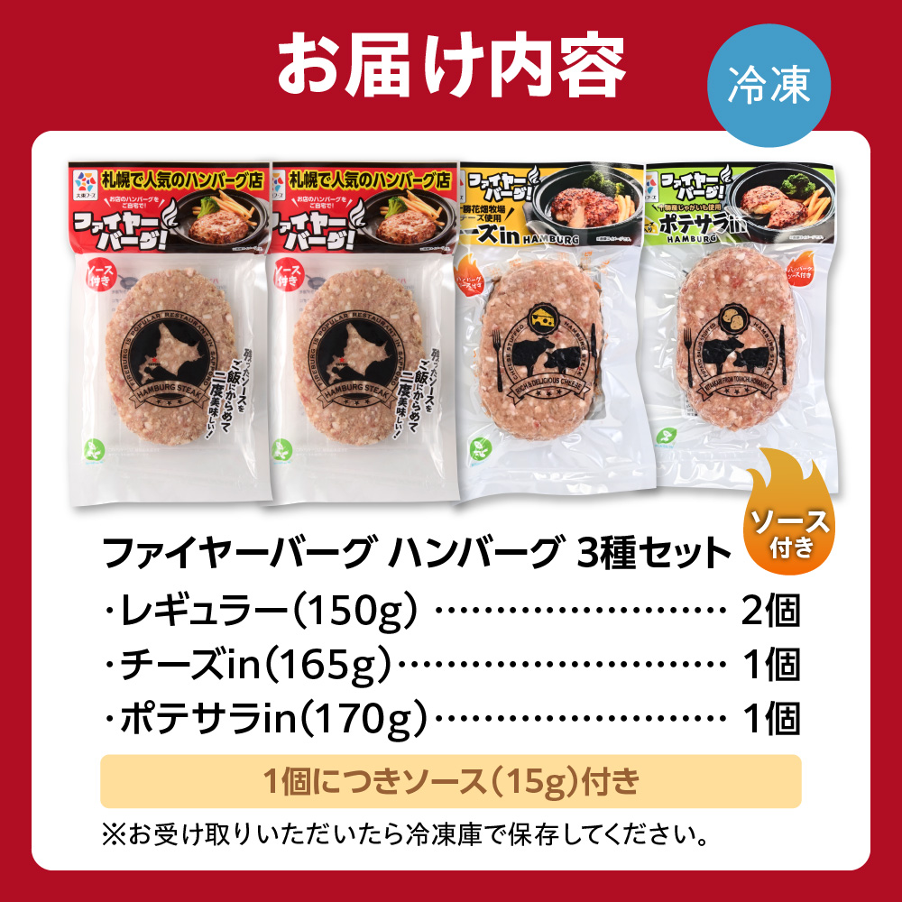 ファイヤーバーグ ハンバーグ(ソース付)3種セット 4個（レギュラー・チーズ・ポテサラ）_is030-006-000