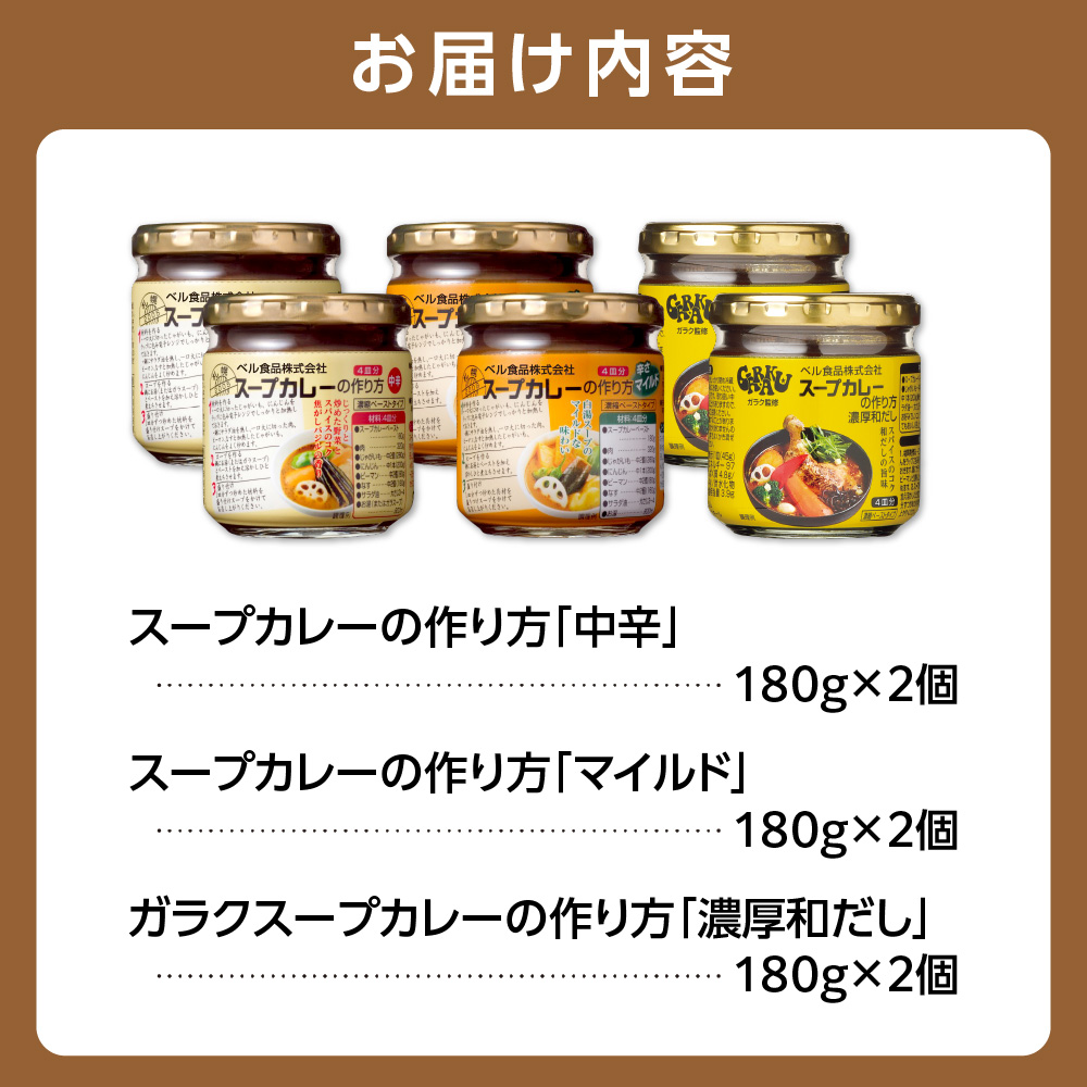 ベル食品 北海道のスープカレーの素の詰め合わせセット（3種類・180g×6）_is071-001-000