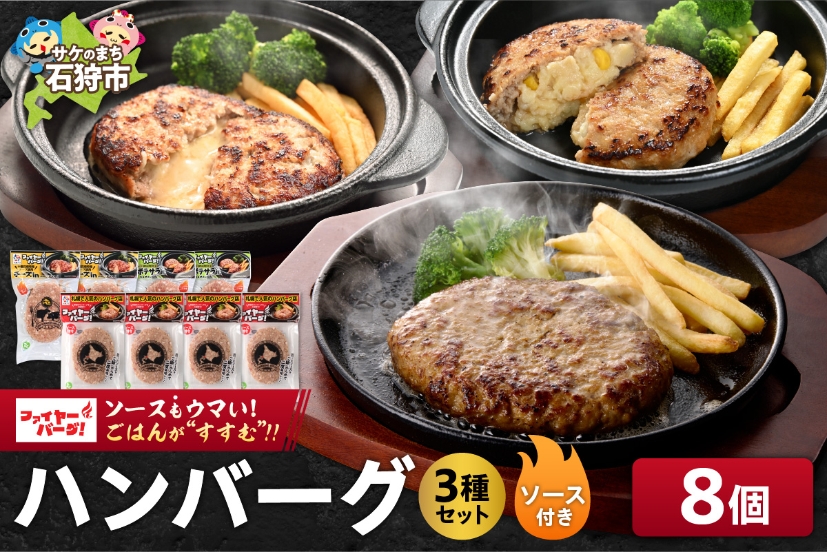 ファイヤーバーグ ハンバーグ(ソース付)3種セット 8個（レギュラー・チーズ・ポテサラ）_is030-007-000