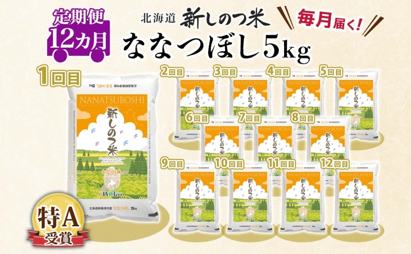 北海道 定期便 12ヵ月 連続 全12回 R7年産 北海道産 ななつぼし 5kg 精米 米 白米 ごはん お米 新米 特A 獲得 ライス 北海道米 ブランド米 道産 ご飯 お取り寄せ 1年 食味ランキング まとめ買い 新しのつ米 令和7年産 常温 自家用 送料無料