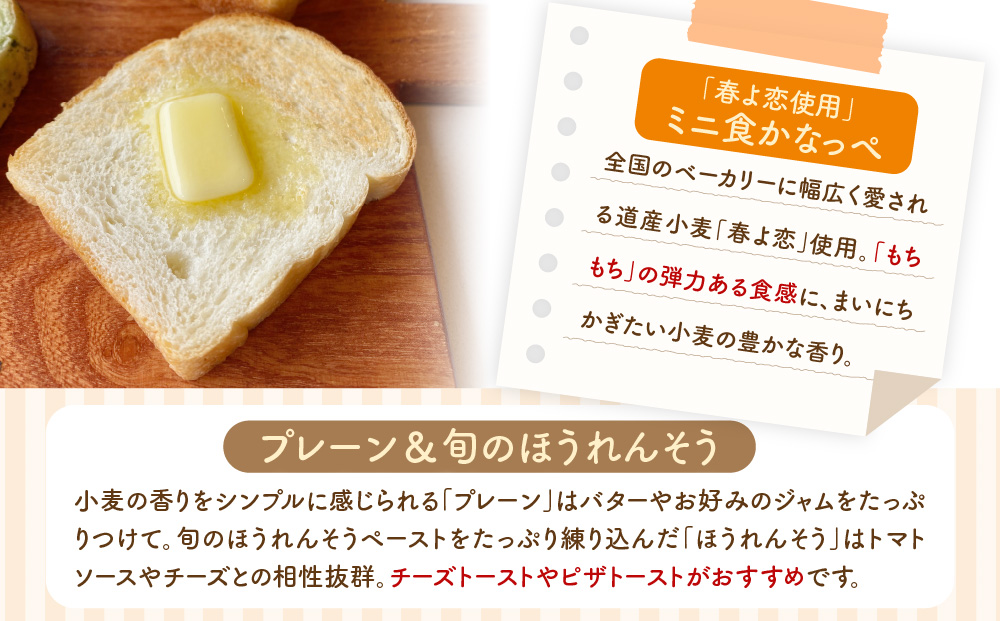 北海道 ミニ食かなっぺ 2種 セット プレーン 4個 ほうれん草 2個 北海道産 小麦 春よ恋 食パン パン トースト カナッペ 手作り 自家製 焼きたて 酵母 ベーカリー 朝食 手軽 冷凍 お取り寄せ 人気 自家用 ギフト 送料無料 木古内