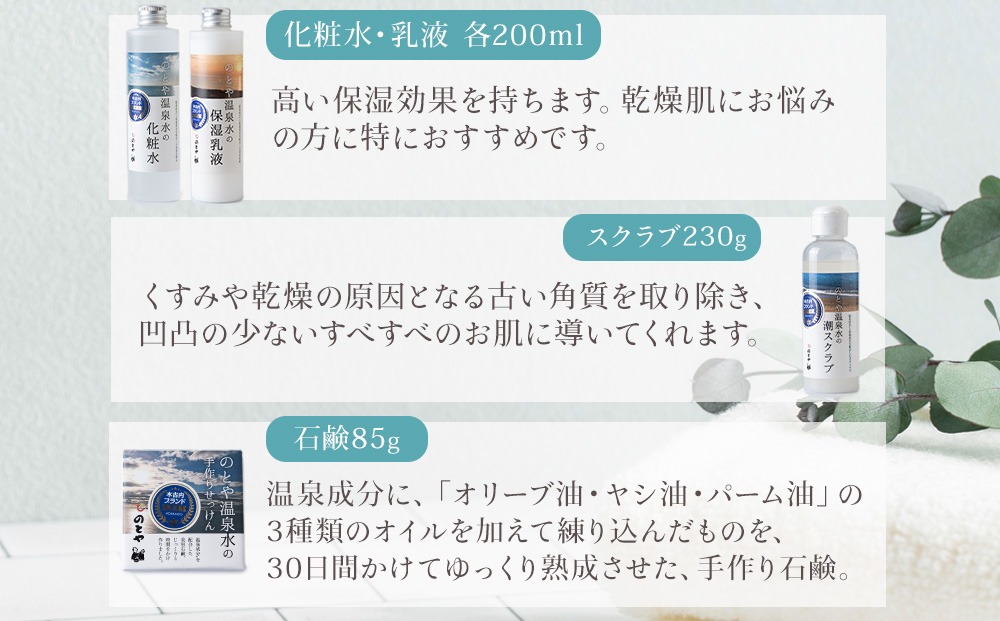 温泉水の化粧水・乳液・スクラブ・石鹸セット　 スキンケア 基礎化粧品 美容 お手入れ 敏感肌 乾燥肌 源泉 スキンケアセット 保湿
