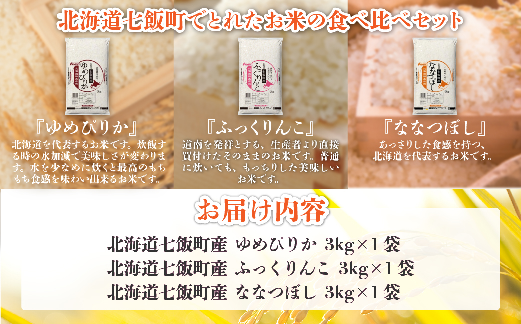令和7年産（2025年産） 北海道七飯町産米食べ比べセット3kg×3 NAAQ009