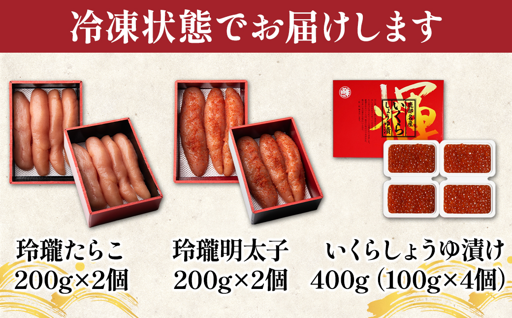 丸鮮道場水産のこだわり魚卵３種セット 北海道産いくら400g
