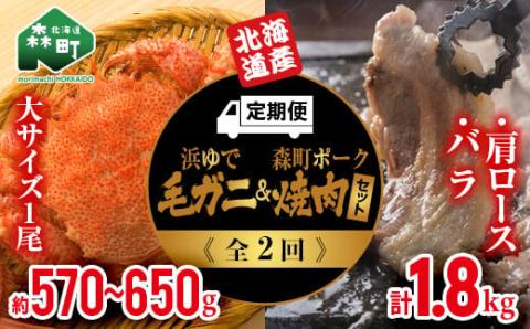 『定期便』 浜ゆで毛ガニ1尾・森町駒ヶ岳ポーク焼肉セット計1.8kg全2回＜道産ネットミツハシ＞ 森町 豚肉 ロース バラ 焼肉 毛ガニ 毛蟹 セット ふるさと納税 北海道 mr1-0353