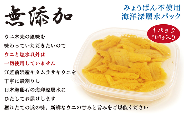 ＼2026年先行予約／北海道 江差前浜産 生うに 200g（100g×2パック）【無添加・みょうばん不使用】令和8年　江差産天然キタムラサキウニ　日本海熊石産海洋深層水　塩水ウニ　素材を生かした自然の味　国産うに　雲丹　100グラムパック個包装