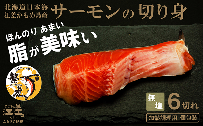 北海道産 サーモンの切り身［無塩］6切れ　加熱調理用　日本海 かもめ島海面養殖　純国産 ブランドサーモン『江さしっ子 繁虎』　とろける脂　活締め　浜のかあさん手作り　冷凍　小分け　個包装　トラウトサーモン　ムニエル　ソテー　フライ　バター焼き　ちゃんちゃん焼き　海鮮　鮭　さけ　シャケ　しゃけ　さーもん　焼き魚　保存料不使用