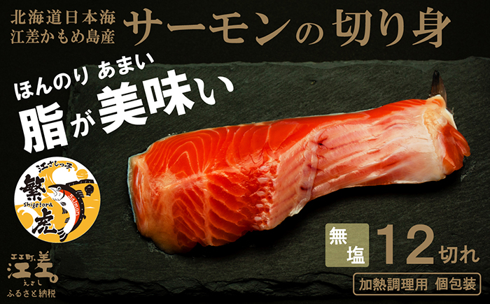 北海道産 サーモンの切り身［無塩］12切れ　加熱調理用　日本海 かもめ島海面養殖　純国産 ブランドサーモン『江さしっ子 繁虎』　とろける脂　活締め　浜のかあさん手作り　冷凍　小分け　個包装　トラウトサーモン　ムニエル　ソテー　フライ　バター焼き　ちゃんちゃん焼き　海鮮　鮭　さけ　シャケ　しゃけ　さーもん　焼き魚　保存料不使用