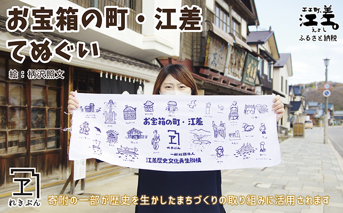 オリジナル 手ぬぐい 〈お宝箱の町・江差〉 2本セット　柄澤照文 画　江差の名所イラスト　れきぶんオリジナル　江差の歴史を生かす まちづくり応援　カジュアル　てぬぐい　手拭い