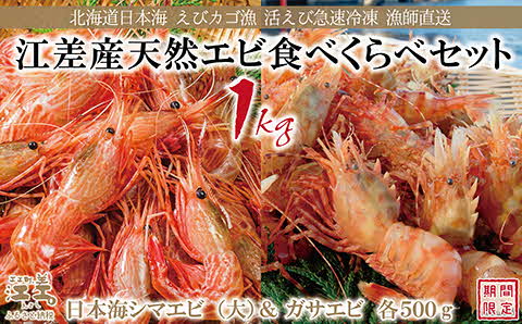 【早期予約・12月中旬以降 順次出荷予定】北海道産 天然えび食べくらべセット　計1kg　濃厚な甘みの日本海シマエビ（大）500g＆飽きのこない旨みのガサエビ500g　国産　江差近海産　天然もの　エビかご漁師直送　最良品厳選　生食可　お刺身　天ぷら　エビフライ　海老