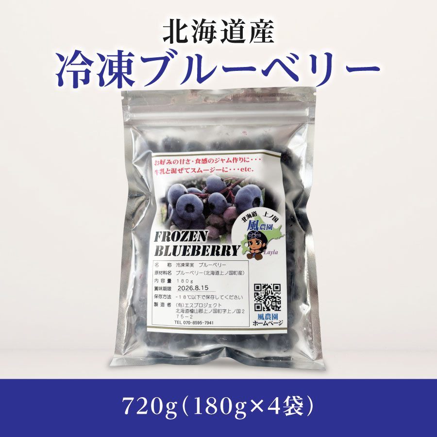 北海道産 冷凍ブルーベリー　720g（180g×4袋）　ノーザンハイブッシュ系品種　冷凍　国産　人気　フルーツ　果物　くだもの　スイーツ　加工品　ポリフェノール