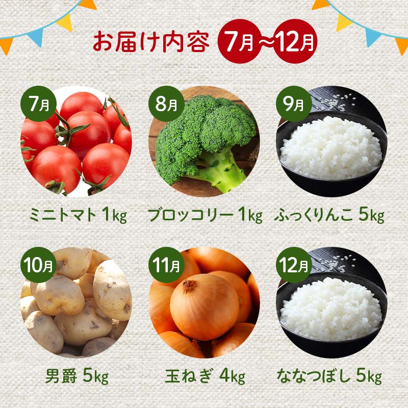 北海道産旬のこだわり野菜とお米1年定期便 男爵 玉ねぎ ふっくりんこ 軟白長ネギ アスパラ ななつぼし ミニトマト ブロッコリー 野菜 米 旬 F21W-490