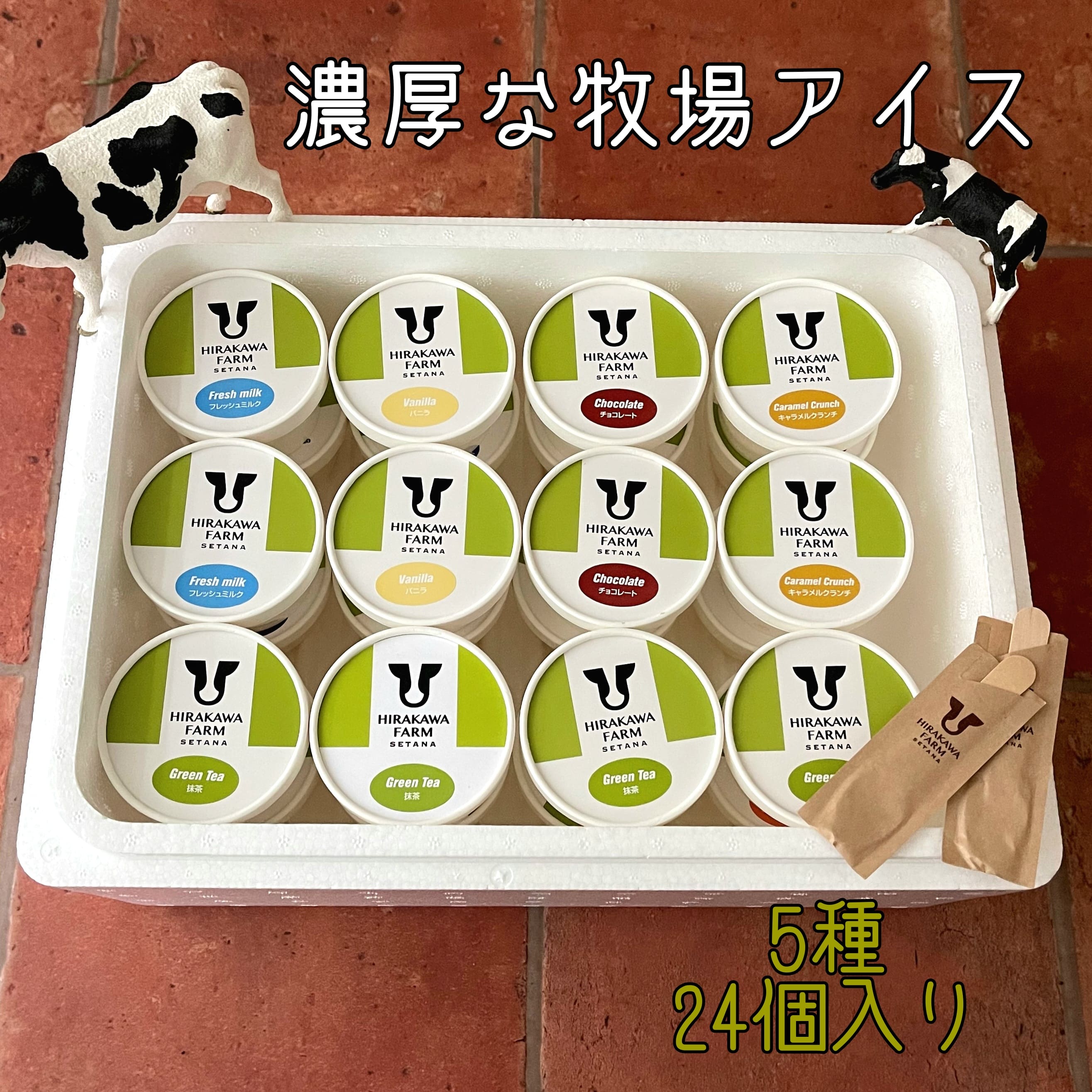 【北海道産搾りたて生乳使用】ひらかわ牧場のアイスクリーム 定番の5種24個セット フレッシュミルク バニラ チョコ キャラメルクランチ 抹茶 デザート スイーツ お取り寄せ ギフト せたな町 ふるさと納税