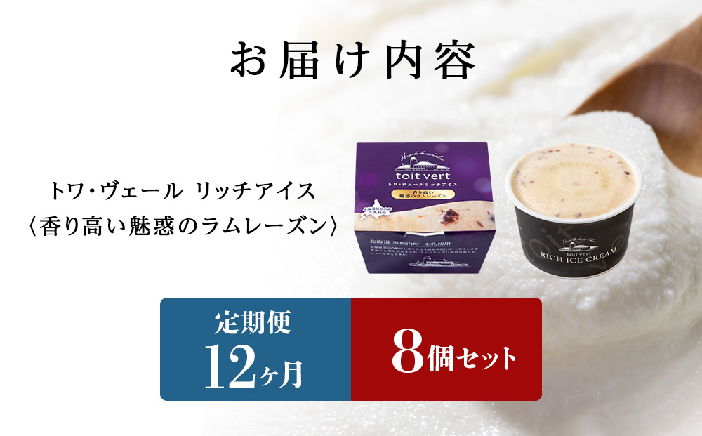 【定期便12ヶ月】リッチアイスクリーム 香り高い魅惑のラムレーズン　8個セット（100ml）