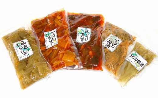 漬物 5種 詰め合わせ セット （きゅうりキムチ ・ セロリキムチ 大 ・ ふきもろみ漬 ・ メロン粕漬 ・ うど甘酢漬 各1個ずつ） 5種類 お漬物 漬け物 つけもの 漬物セット 詰合せ 食品 北海道 蘭越町 常温