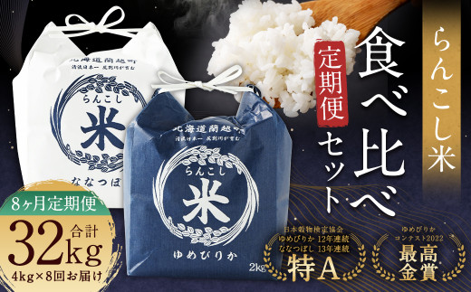 【8ヶ月定期便】らんこし米食べ比べ（ななつぼし・ゆめぴりか）各2kg