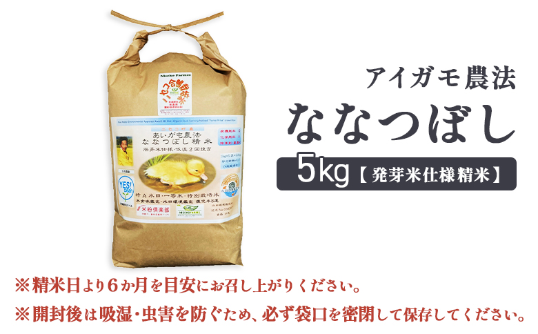 《数量限定受付！令和7年産米》合鴨農法ななつぼし 【胚芽米仕様精米】【有機肥料/無農薬・無化学肥料･備蓄用】令和7年度米 正味5kg(1kg×5袋) 水田環境鑑定・米食味鑑定士鑑定米【Yesclean農法認定品】【3113903】
