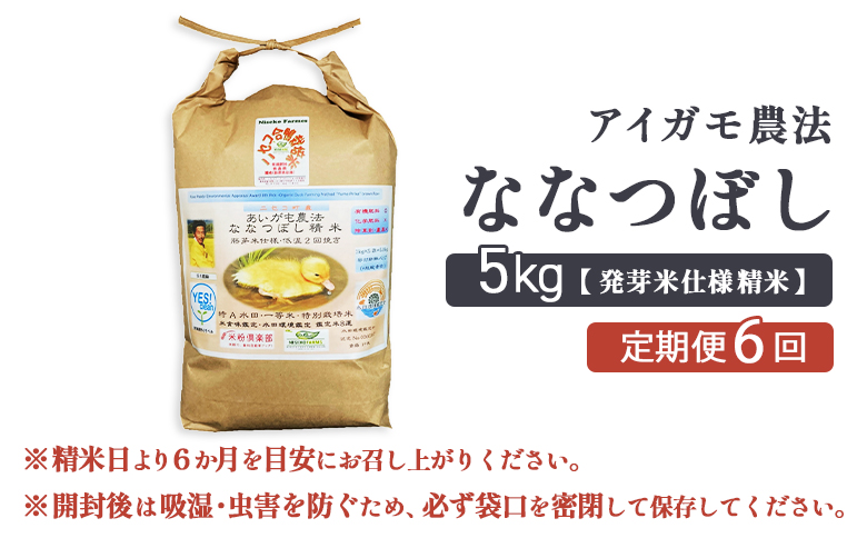 《数量限定受付！令和7年産米》【6回定期便】合鴨農法ななつぼし 【胚芽米仕様精米】【有機肥料/無農薬・無化学肥料･備蓄用】令和7年度米 正味5kg(1kg×5袋) 水田環境鑑定・米食味鑑定士鑑定米【Yesclean農法認定品】【3114702】