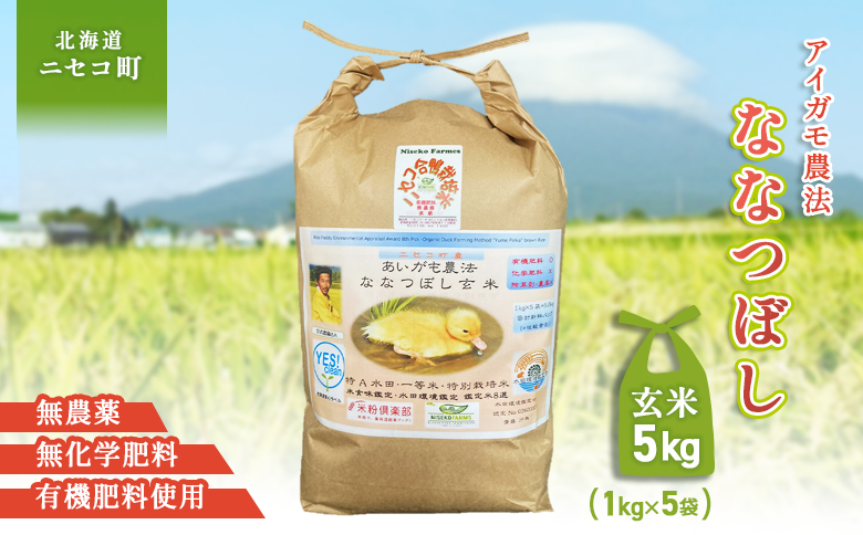 《数量限定受付！令和7年産米》合鴨農法ななつぼし 【玄米】【有機肥料/無農薬・無化学肥料･備蓄用】 令和7年度米 5kg(1kg×5袋)　水田環境鑑定・米食味鑑定士鑑定米【Yesclean農法認定品】【3113802】