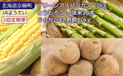 [3回定期便]北海道ようてい産 グリーンアスパラ1.2kg・スイートコーン「味来」26本・じゃがいも20kg(男爵)[JAようてい][ 野菜 定期便 ]