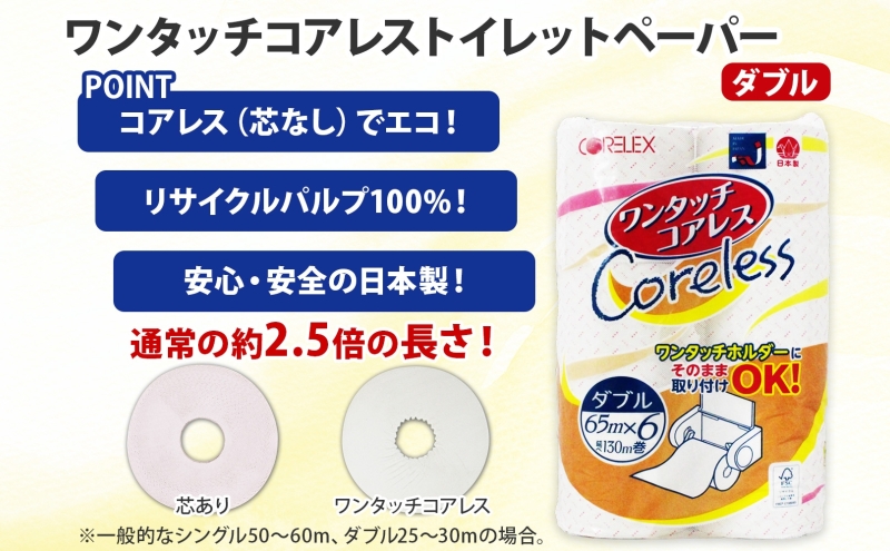 ワンタッチコアレス トイレットペーパー ダブル 65ｍ 60ロール  芯なし  まとめ買い トイレ リサイクル 長持 防災 常備品 日用雑貨 消耗品 生活必需品 備蓄 ペーパー 紙 北海道 倶知安町