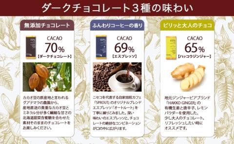 北海道 クラフト チョコレート3種 各1 ダーク エスプレッソ ハッコウジンジャー カカオ 70％ 69％ 無農薬 お菓子おやつ 食べ比べ 冷蔵 ニセコ nicao 送料無料 北海道 倶知安町