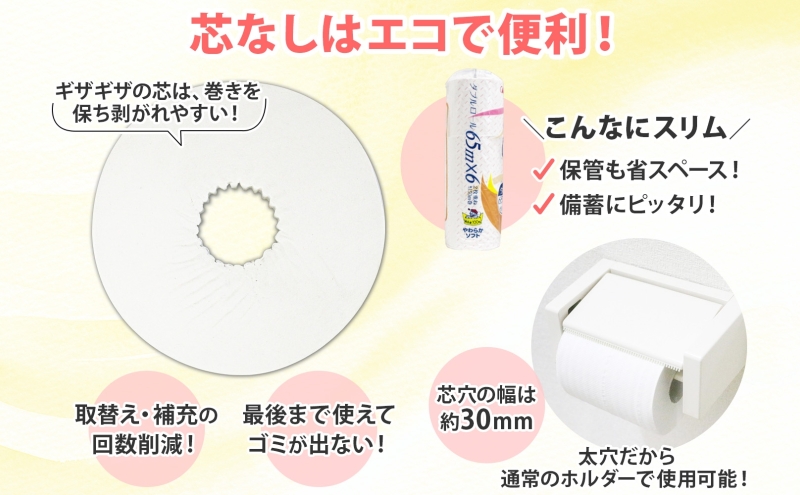 ワンタッチコアレス トイレットペーパー ダブル 65ｍ 60ロール  芯なし  まとめ買い トイレ リサイクル 長持 防災 常備品 日用雑貨 消耗品 生活必需品 備蓄 ペーパー 紙 北海道 倶知安町