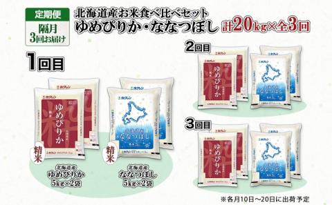 定期便 隔月3回 北海道産 ゆめぴりか ななつぼし 食べ比べ セット 精米 5kg 各2袋 計20kg 米 特A 白米 お取り寄せ ごはん ブランド米 ようてい農業協同組合 ホクレン 送料無料
