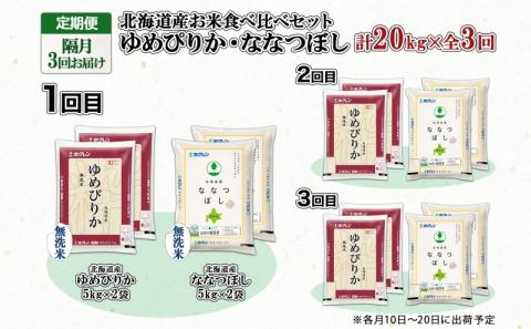定期便 隔月3回 北海道産 ゆめぴりか ななつぼし 食べ比べ セット 無洗米 5kg 各2袋 計20kg 米 特A 白米 お取り寄せ ごはん ブランド米 ようてい農業協同組合 ホクレン 送料無料