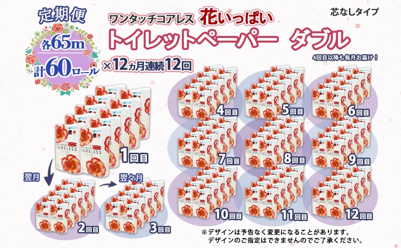 北海道 定期便 12ヵ月連続 ワンタッチコアレス 花いっぱい トイレットペーパー ダブル 65m巻 60ロール 芯なし 花柄 プリント ハーブ 香り付き ペーパー 防災 常備品 日用品 消耗品 備蓄 送料無料 倶知安町