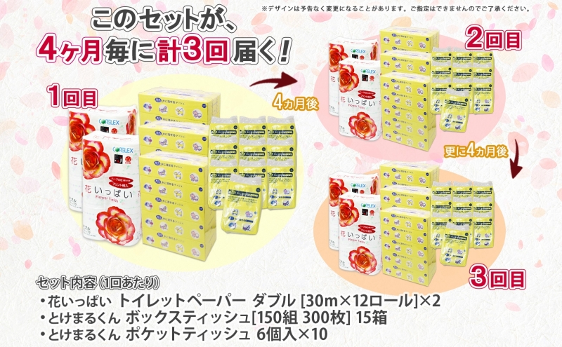 北海道 定期便 4ヶ月毎 全3回 トイレットペーパー ダブル ティッシュ ボックス ポケット 花いっぱい とけまるくん ペーパー リサイクル エコ 日用品 雑貨 常備 備蓄 送料無料