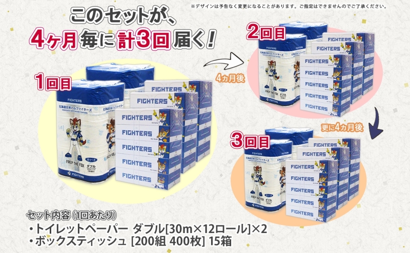 北海道 定期便 4ヶ月毎全3回 日本ハムファイターズ トイレットペーパー 30m 24ロール ボックス ティッシュ 200組 15箱 リサイクル 消耗品 備蓄  ファイターズ グッズ 日ハム 送料無料