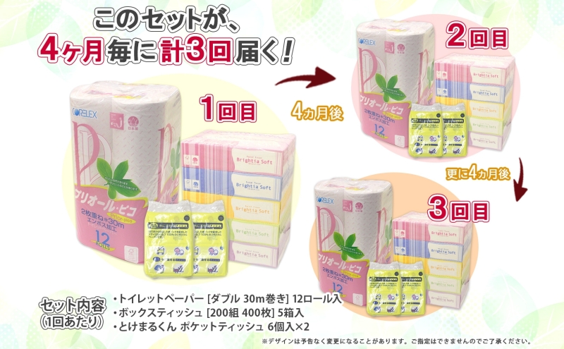 北海道 定期便 4ヶ月毎全3回 普段使いセット トイレットペーパー ダブル 12ロール ティッシュ ボックス 5箱 ポケット 12個 香りなし リサイクル エコ 日本製 消耗品 備蓄 送料無料