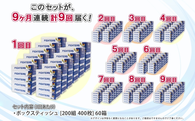 定期便 9ヵ月 連続9回 北海道 日本ハムファイターズ ボックスティッシュ 200組 60箱 日本製 まとめ買い リサイクル 紙 防災 常備品 消耗品 生活必需品 大容量 備蓄 ティッシュ ペーパー 日ハム ファイターズ 倶知安町