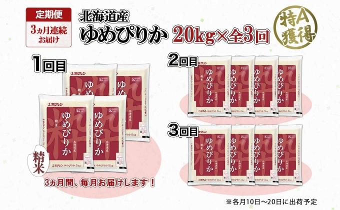 定期便 3ヶ月連続3回 北海道産 ゆめぴりか 精米 20kg 米 特A 獲得 白米 お取り寄せ ごはん 道産 ブランド米 20キロ お米 ご飯 米 北海道米 ようてい農業協同組合  ホクレン 送料無料