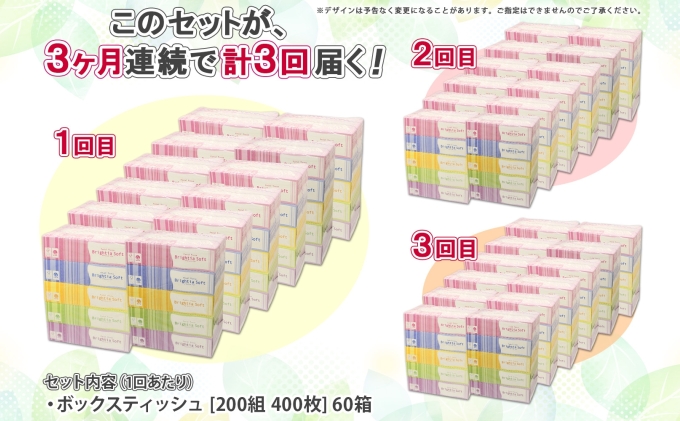 定期便 3ヵ月連続 全3回 ブライティア ソフト ボックスティッシュ 200組 400枚 60箱 日本製 まとめ買い リサイクル 長持 防災 常備品 日用雑貨 消耗品 生活必需品 備蓄 ペーパー 紙 北海道 倶知安町