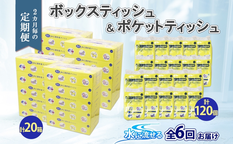 北海道 定期便 2ヶ月毎全6回 とけまるくん ボックス ティッシュ 20箱 ポケット 120個 水に流せる ペーパーリサイクル エコ 香りなし 厚手 日用品 雑貨 常備 備蓄 ストック 送料無料