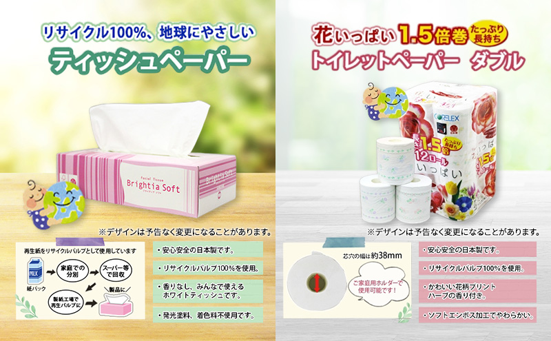 定期便 全9回 長持ち 1.5倍巻き 花いっぱい トイレットペーパー ダブル 45ｍ 24ロール & ブライティア ソフト ボックスティッシュ 200組 400枚 5箱  全18種 花柄 プリント 香り付き 日本製 まとめ買い 防災 常備品 消耗品 備蓄 北海道