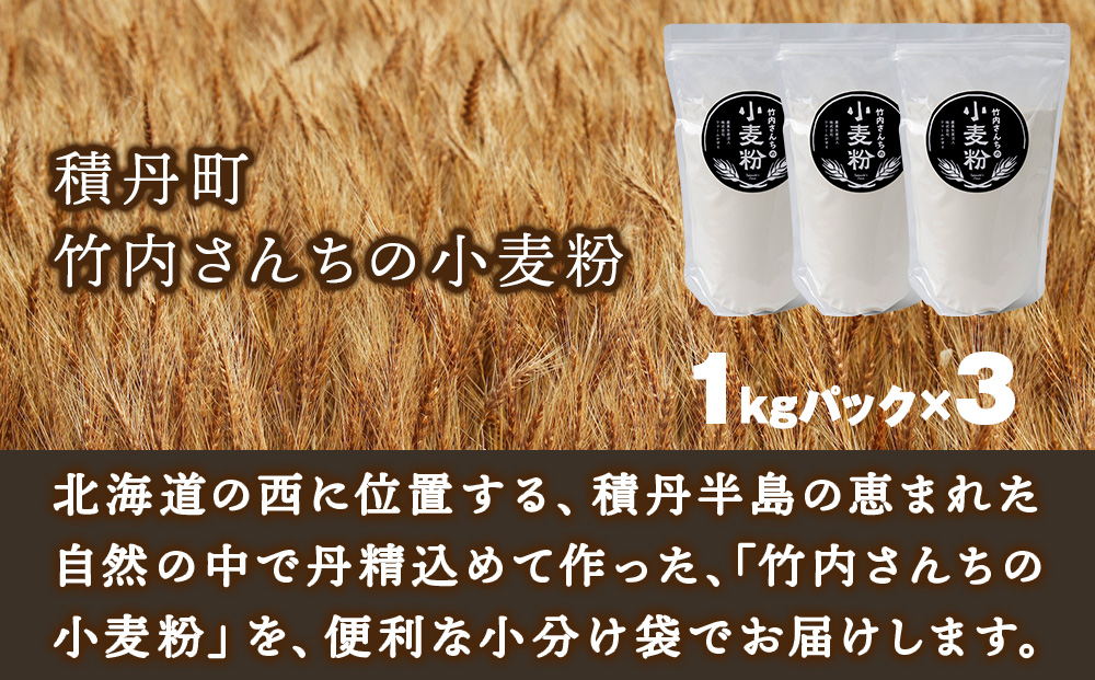 竹内さんちの小麦粉【北海道　ゆめちから（１kg×３袋）便利な小分け袋でお届け】3㎏ 小分け お菓子 パン