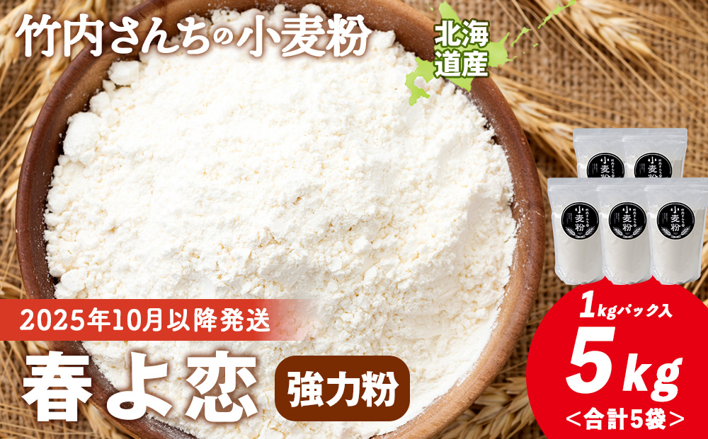 竹内さんちの小麦粉【北海道 春よ恋（１kg×５袋）便利な小分け袋でお届け】小麦粉 1kg 5㎏ 春よ恋 小分け お菓子 パン