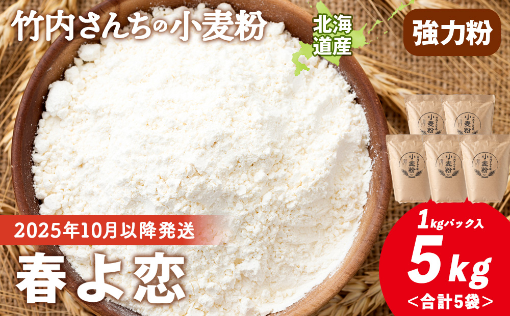 竹内さんちの小麦粉【北海道 春よ恋（１kg×５袋）便利な小分け袋でお届け】小麦粉 1kg 5㎏ 春よ恋 小分け お菓子 パン