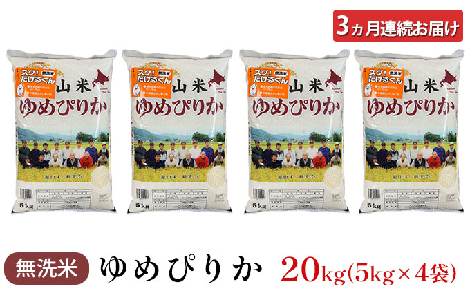 3ヵ月 定期便 銀山米研究会の無洗米＜ゆめぴりか＞20kg（5kg×4袋）【機内食に採用】 ライス 白米 精米 ブランド米 おにぎり お弁当 北海道産 産地直送 ご飯 時短 朝ごはん 夜ごはん 昼ごはん [株式会社 松原米穀]