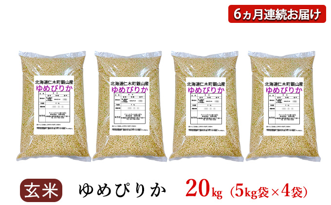 6ヵ月 定期便 銀山米研究会の玄米＜ゆめぴりか＞20kg（5kg×4袋）【機内食に採用】 ライス ブランド米 おにぎり お弁当 北海道産 産地直送 主食 ご飯 朝ごはん 夜ごはん 昼ごはん [株式会社 松原米穀]