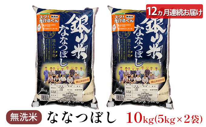 12ヵ月 定期便 銀山米研究会の無洗米＜ななつぼし＞10kg（5kg×2袋） ライス 白米 精米 ブランド米 おにぎり お弁当 北海道産 産地直送 ご飯 時短 朝ごはん 夜ごはん 昼ごはん [株式会社 松原米穀]