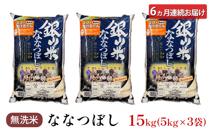 6ヵ月 定期便 銀山米研究会の無洗米＜ななつぼし＞15kg（5kg×3袋） ライス 白米 精米 ブランド米 おにぎり お弁当 北海道産 産地直送 ご飯 時短 朝ごはん 夜ごはん 昼ごはん [株式会社 松原米穀]