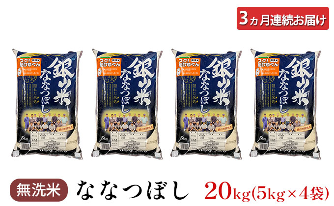 3ヵ月 定期便 銀山米研究会の無洗米＜ななつぼし＞20kg（5kg×4袋） ライス 白米 精米 ブランド米 おにぎり お弁当 北海道産 産地直送 ご飯 時短 朝ごはん 夜ごはん 昼ごはん [株式会社 松原米穀]