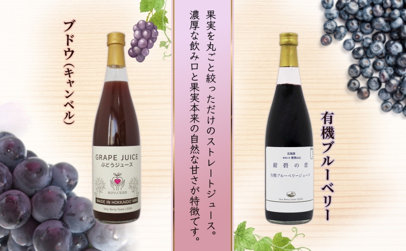 ブドウジュース 有機ブルーベリー ジュース 飲み比べ 各1本 計2本 セット キャンベル ぶどう 紺碧の恋 果汁 100％ お取り寄せ ギフト 北海道 仁木町