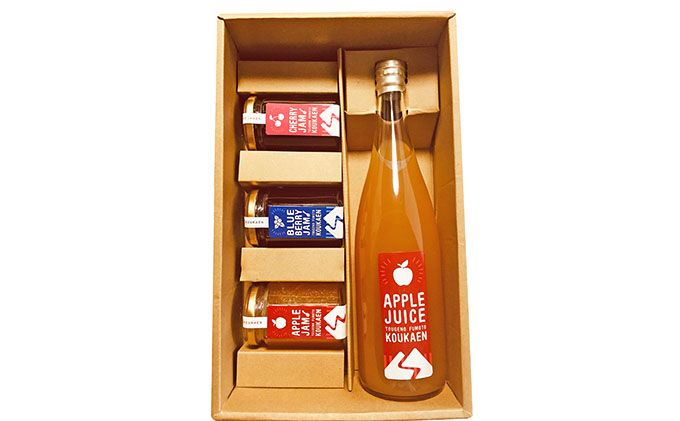 峠のふもと紅果園の完熟フルーツで作ったジャム3種（各150g）＆リンゴジュース（710ml×1本 ）セット 飲料類 果汁飲料 りんご ブルーベリー アップル [峠のふもと紅果園]