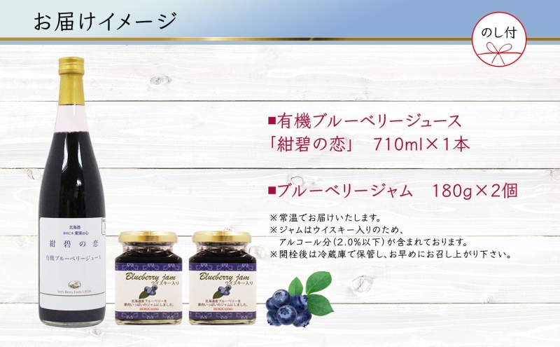 北海道産 ブルーベリージュース 710ml 1本 ブルーベリージャム 180g 2個セット 熨斗付き 果汁 100% ジュース フルーツ 果物 自然農園 お取り寄せ ギフト gift 熨斗 のし 仁木町 余市町